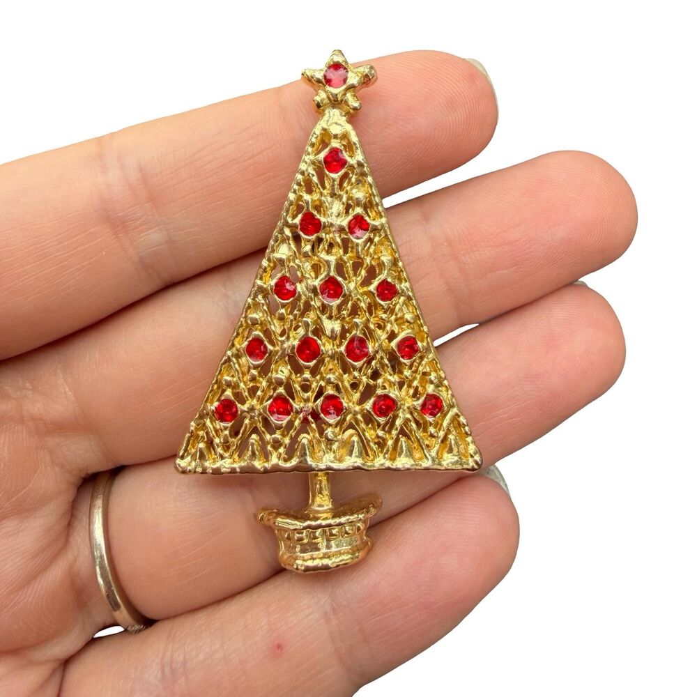 Vintage Christmas Jewelry Red and Gold Tone Christmas Tree Brooch Tree Pin